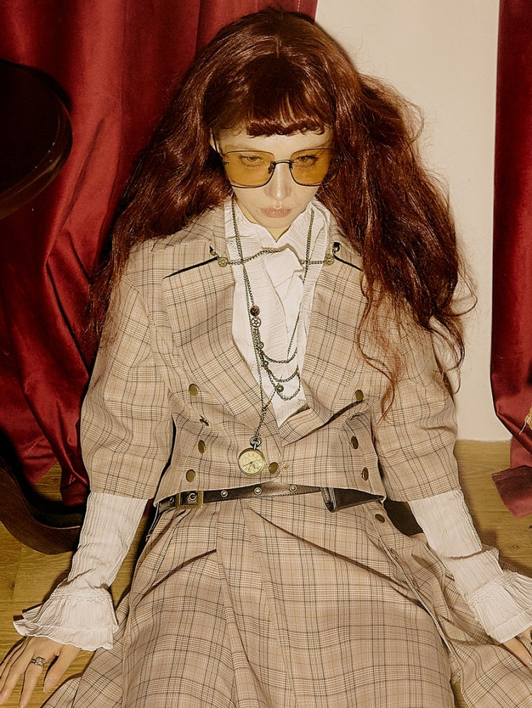 ライトブラウンのヴィンテージチェック柄ブレザー