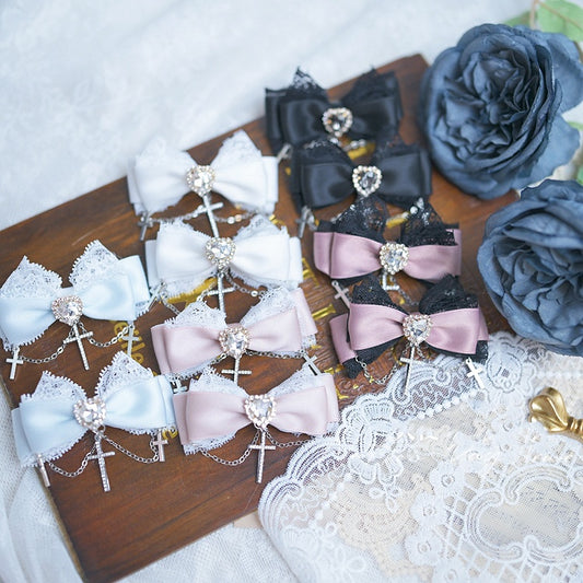 5 Heart Rhinestone Lace Trim Jirai Kei Bow Hairclips Chain Colors Cross