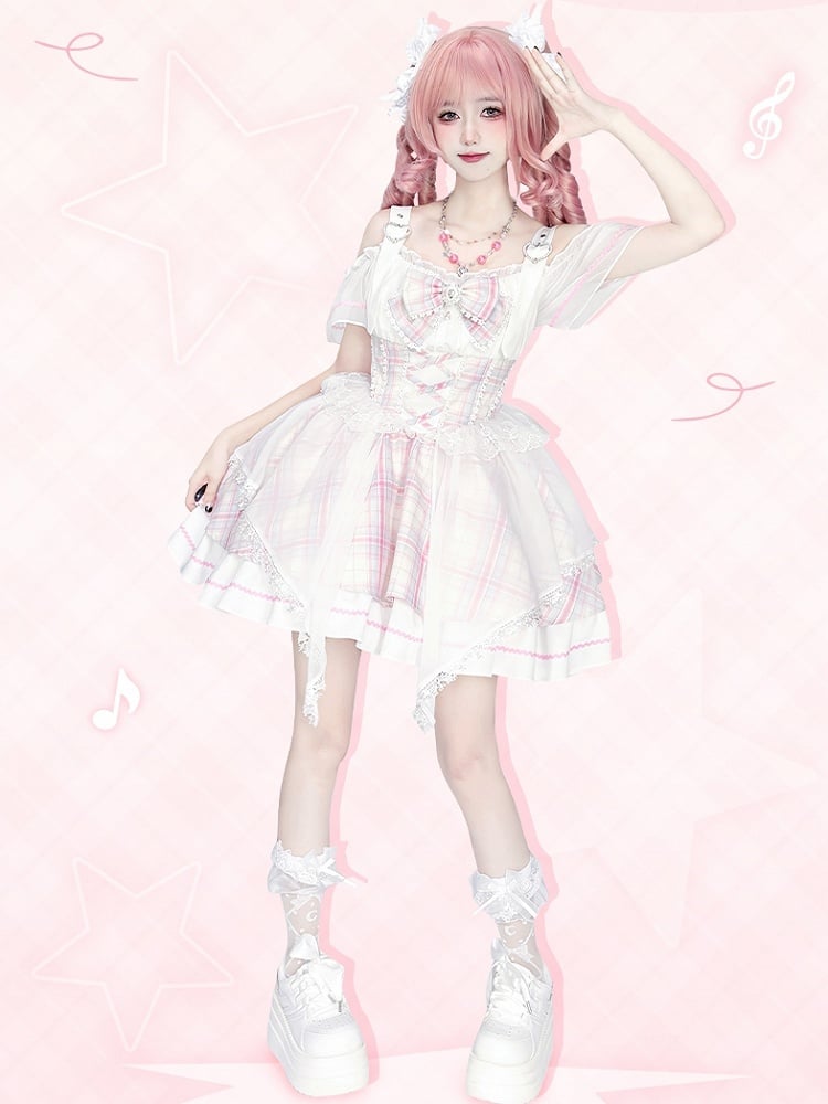 Süßer, schulterfreier Lolita-Pullover mit Idol-Ausschnitt und rosa Karomuster