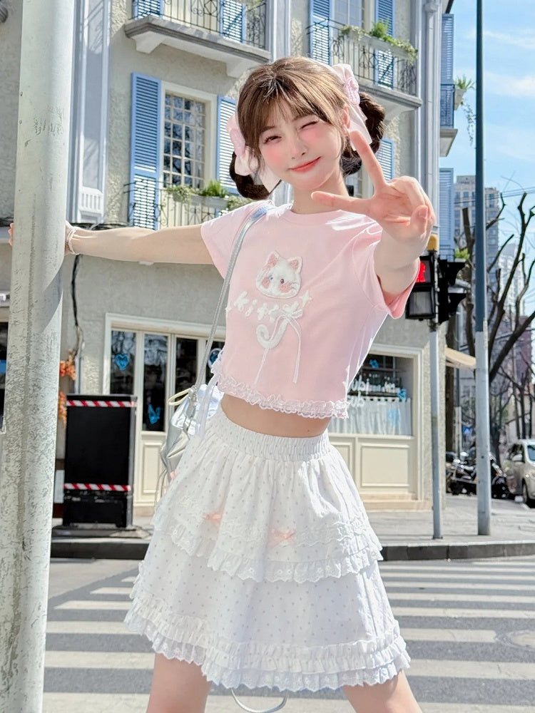 Version T-Shirt Cat Applique Long/Short Pink Plush
