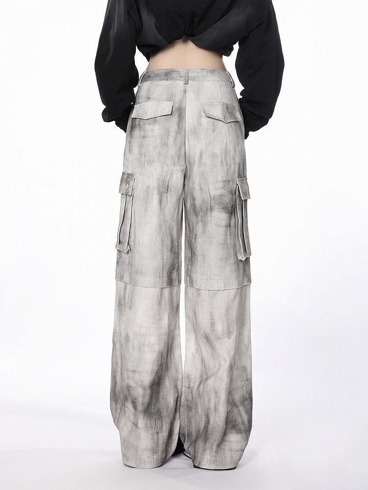 Cargo Wide-Leg Jeans with Utility Pockets White Gray Tie-Dye