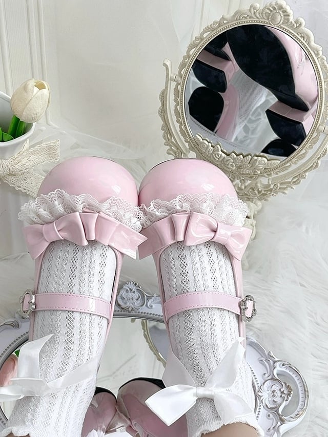 - Pink Lace Light Trim Janes Bow Mary Toe Embellishments with Sweet Round Lolita Low-heel Design