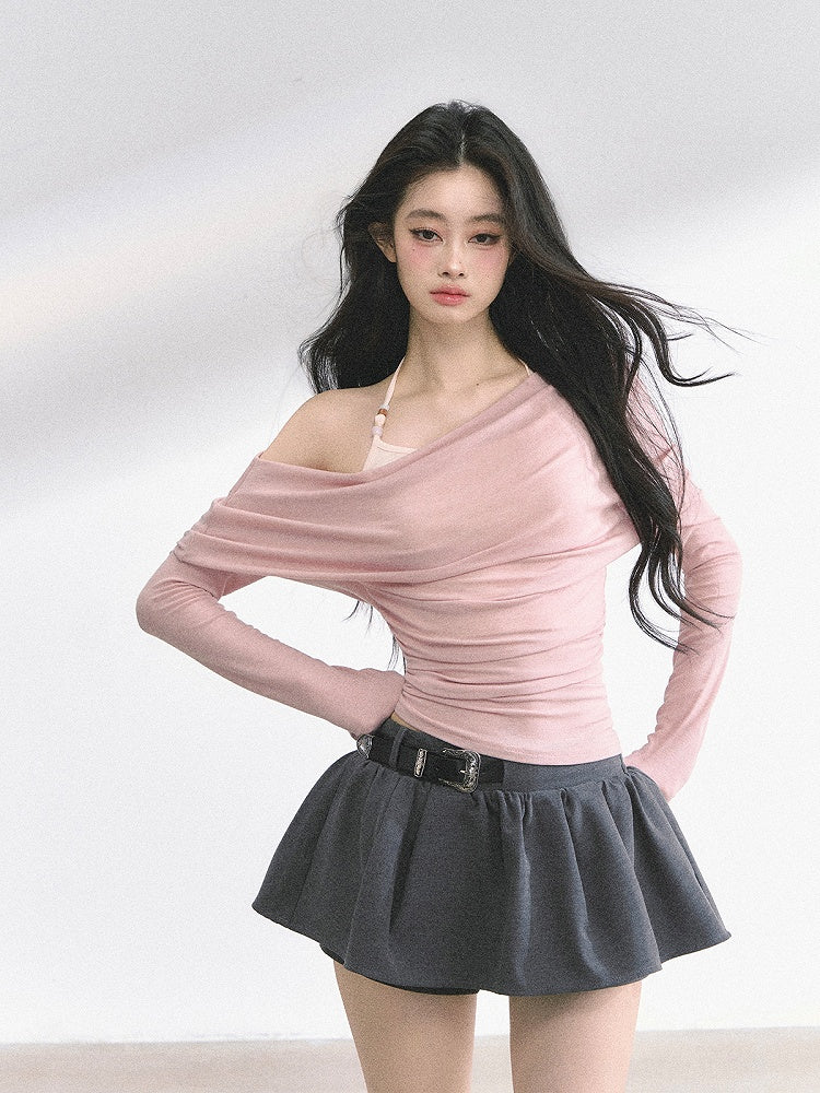 Pink/Khaki Asymmetrical Neckline Top Faux Two-pieces
