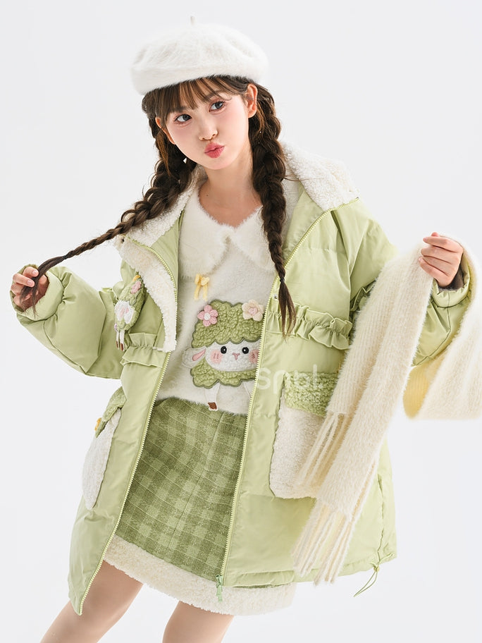 Green Cute Lamb Adorned Hooded Down Coat Ruffle Trim