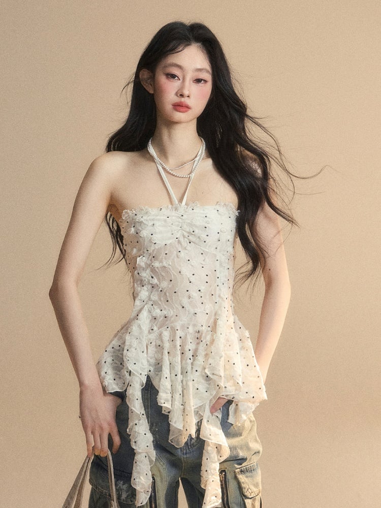 Flounce Hem White Glamorous Halter Neck Polka-dot Top Pattern Asymmetrical Strapless