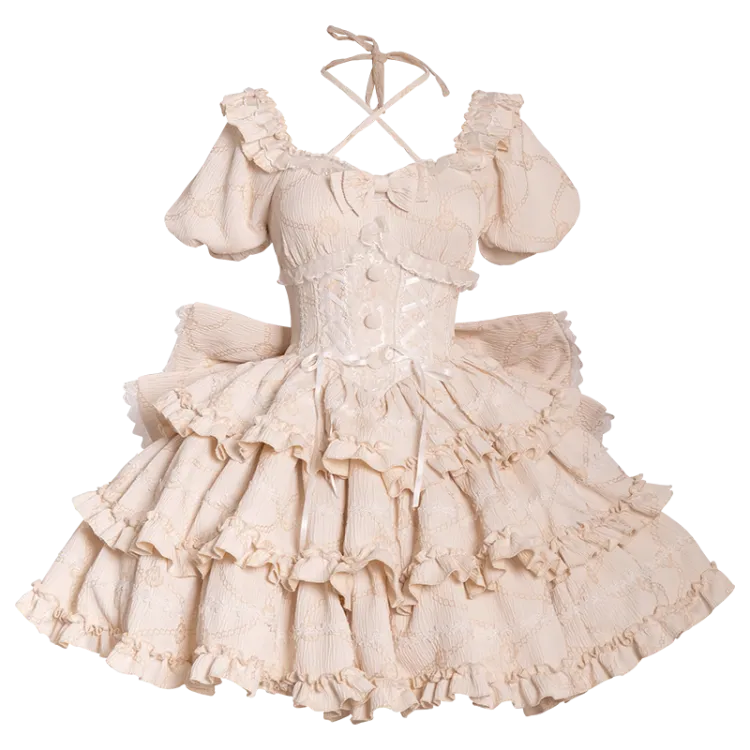 Ruffle Lolita Skirt Princess Corset Waist Dress Champagne OP with