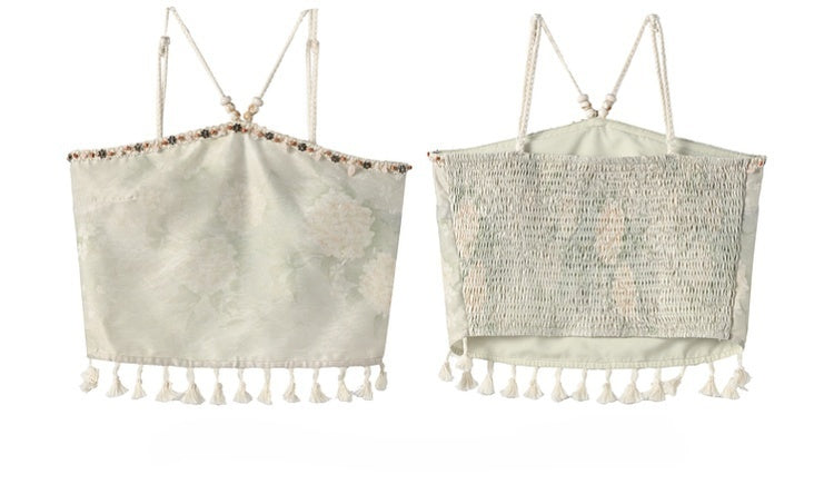 Fringe Hem Holiday Top Light Green Halter Neck Floral Print