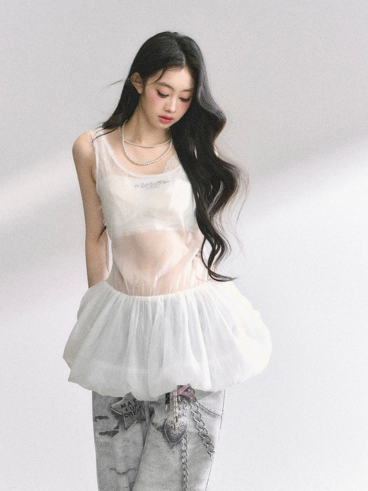 Backless Mesh Bubble Overtop White Self-tie Bow Back