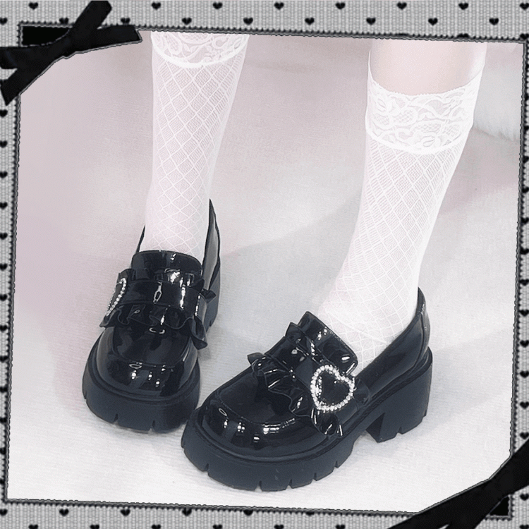 Kei Schwarze Schuhe Loafer Sweetheart Plateau 6,5 cm mit Absatz Poliert Jirai Chunky Perlen