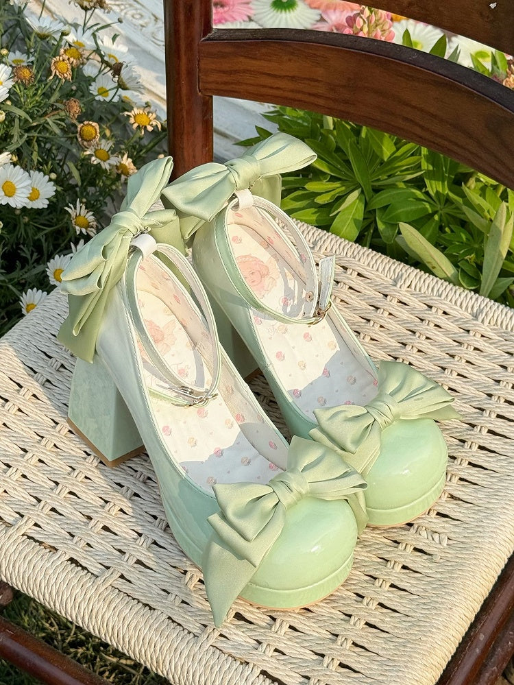Grüne Lolita-Plateauschuhe mit Schleife und runder Mary-Schuh-Details