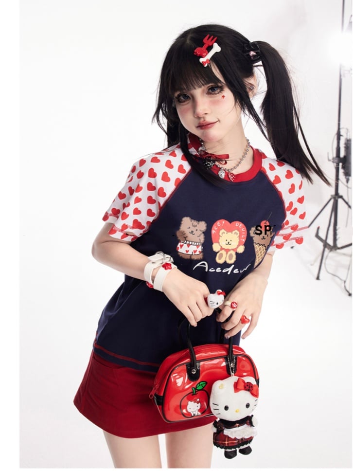 Pattern Navy Blue Colorblock Design Teddy Bear Print T-Shirt Heart