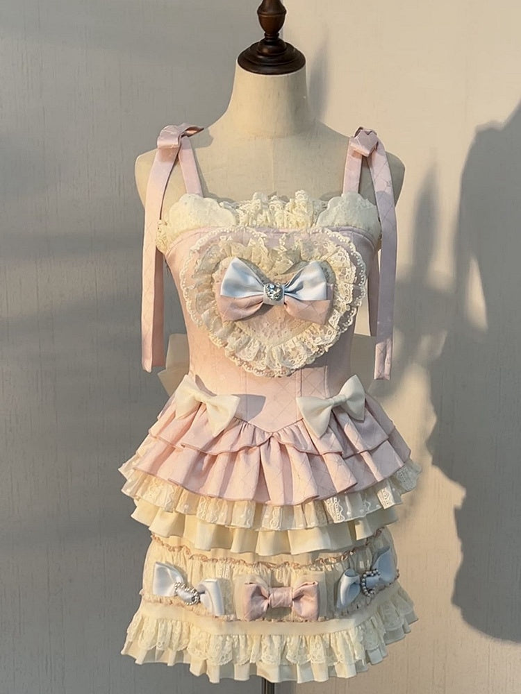 Skirt Lolita + Accents Puff Pink Full Sleeves and Set Cami Sweet - Top Cropped Bow Blue