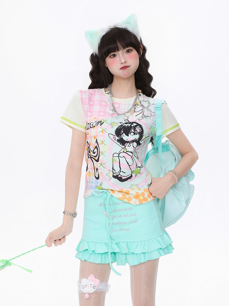 Slim-Fit T-shirt with Pink Cartoon Girl Print Blue/Apricot Plaid Patchwork