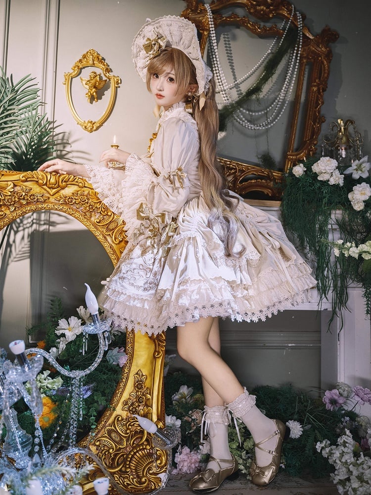 Velvet Candlestick Cream Sleeves Bell Embroidery Dress and Candle