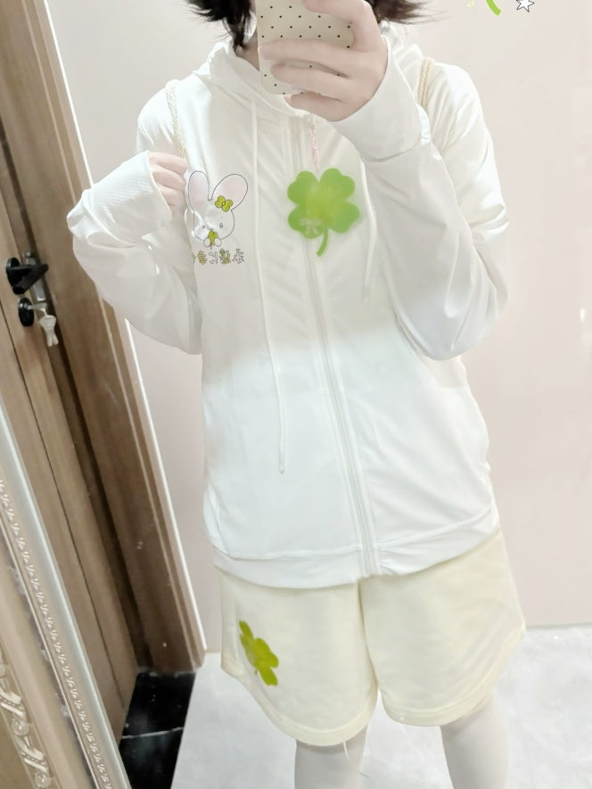 Jacket Charm White Bunny Print Sun with Leaf Clover Four Protection Hoodie
