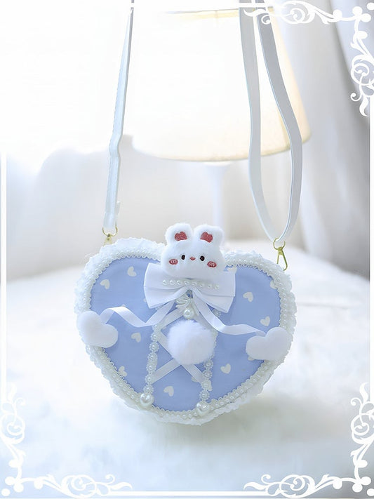 Beaded Heart-shaped Bag Plush Decorated Blue Heart Crossbody Bunny Design Pompon With Pattern