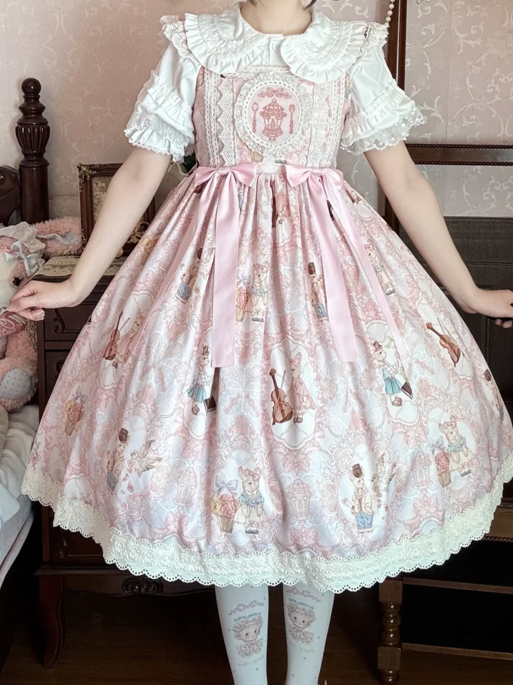 JSK Violin Dress Sweet and Lolita Waist High Bunny Print Pink