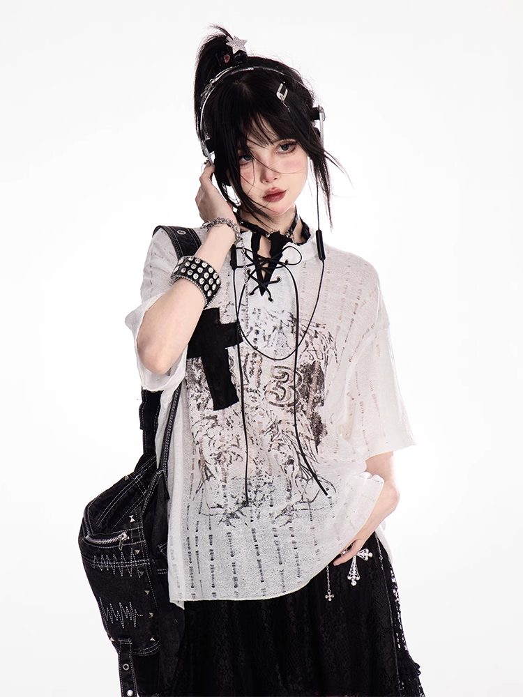 Y2K Holes Black/White Lace-up Mock Neck Distressed