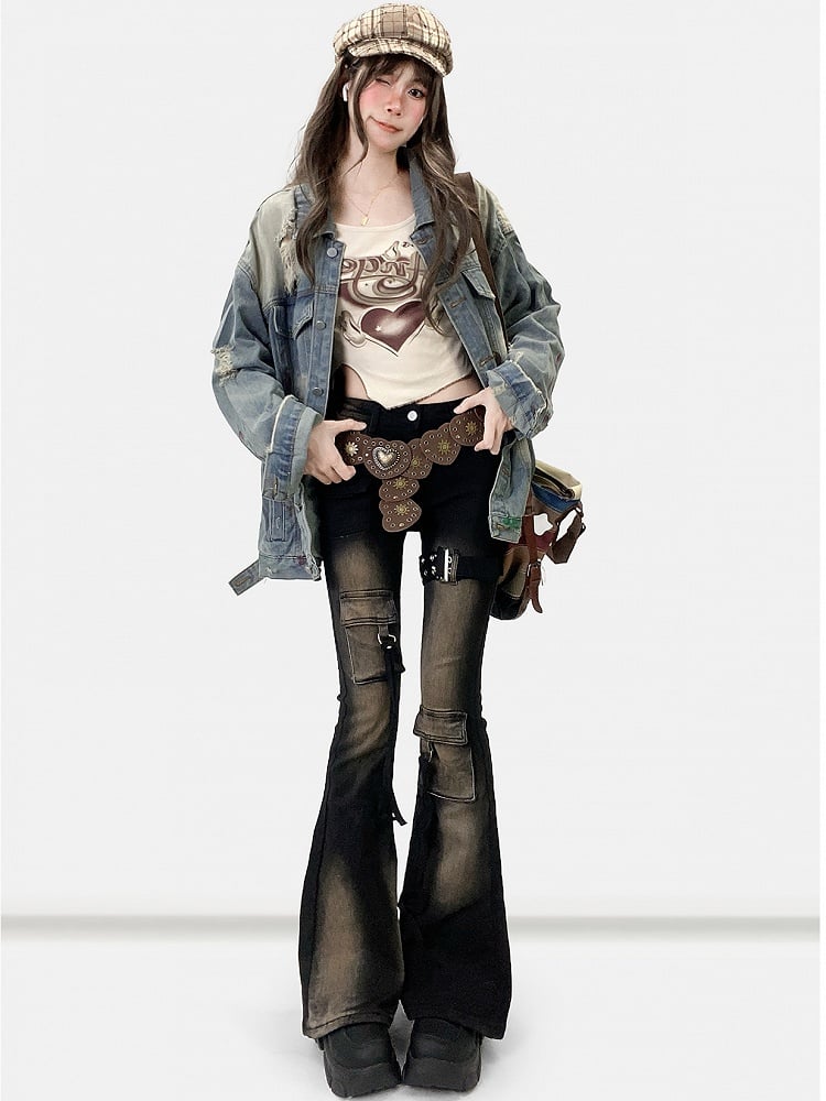 Design Jacket Holes Distressed Details Blue Print Light Denim