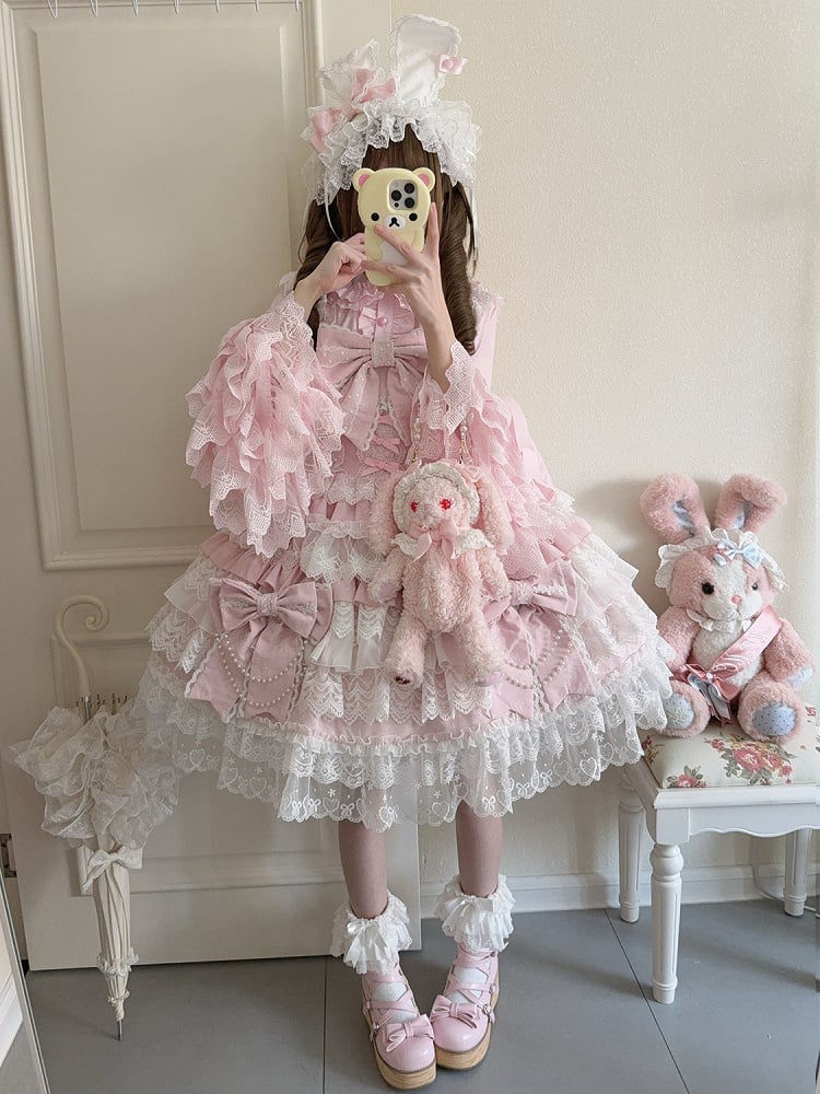 Big Bead Pink Skirt Bows Chain Dress Tiered Hanayome Lolita Decoration