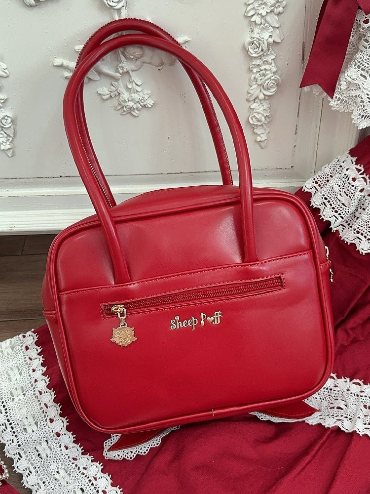 Shoulder (3 Front Bag Lace Red Lace) Contrasting Statement Trims of Square and White Lolita Types with PU Bow