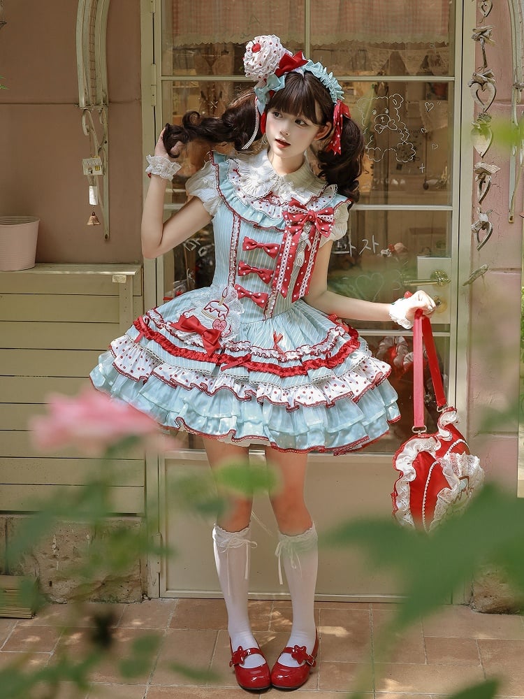 Red and Skirt Green Sweet Polka with Accents Bow Tiered Dots Stripes Dress Lolita