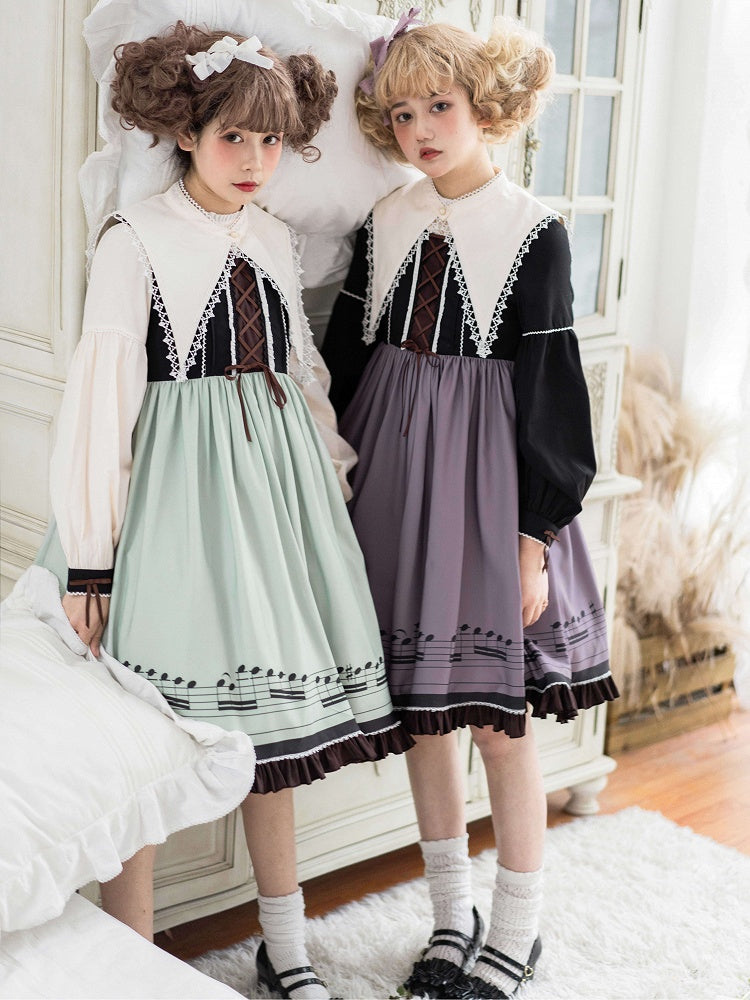 Robe Lolita d'automne violette à manches longues et col pointu séparé, motif notes de musique