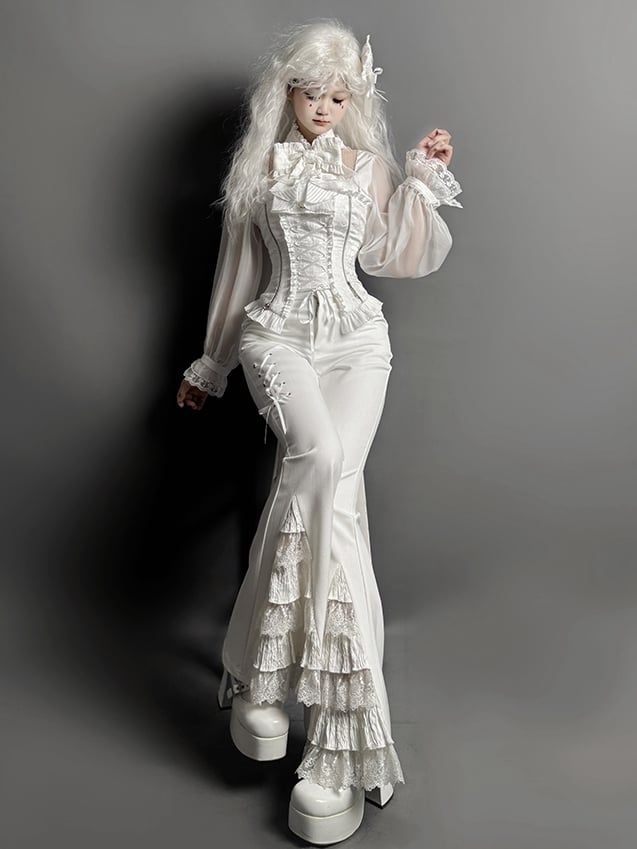 Lace Patches Flared Cuffs Pants White Tiered