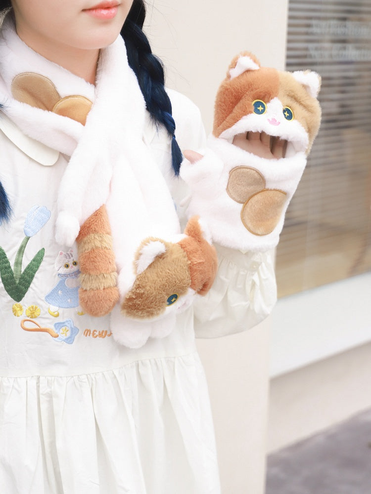 ホワイト&ブラウンのかわいい猫型ぬいぐるみ手袋