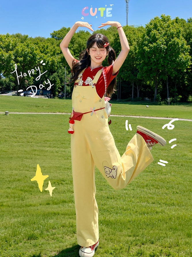 Cut Cartoon Puppy Embroidery Straight-leg Yellow Overall Pants