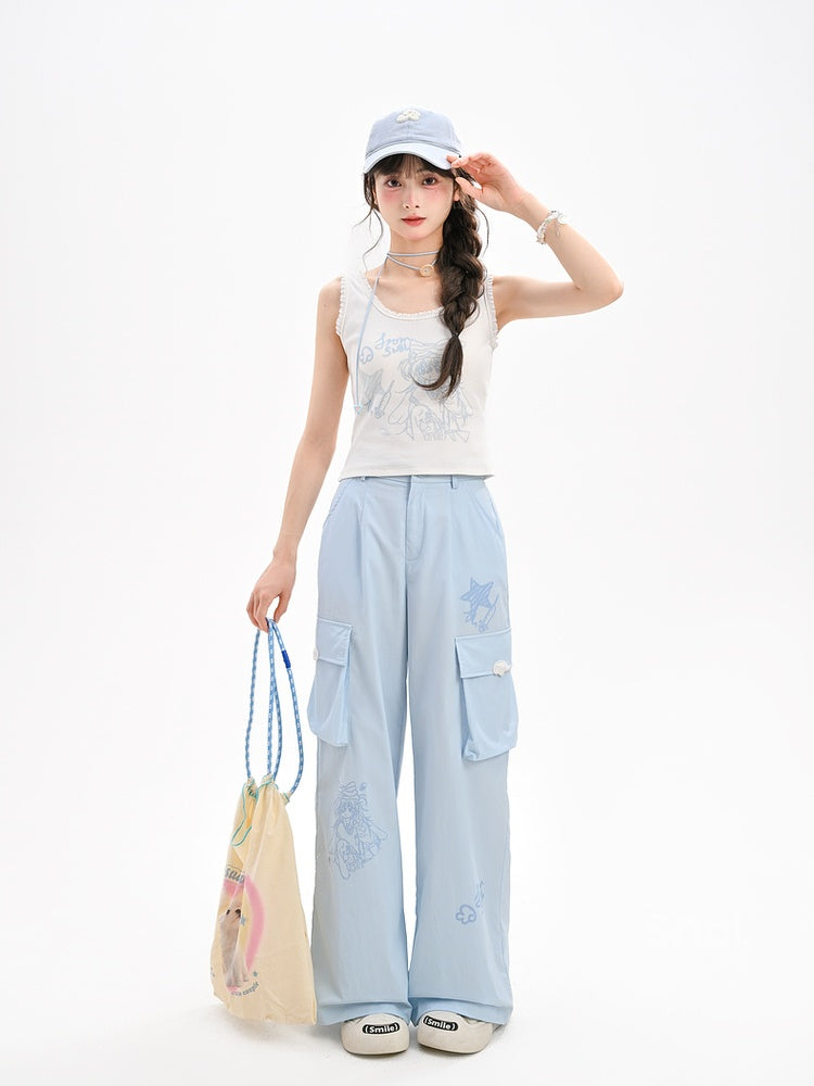 Loose Straight-Leg Pants Pockets Blue Anime Print Cargo