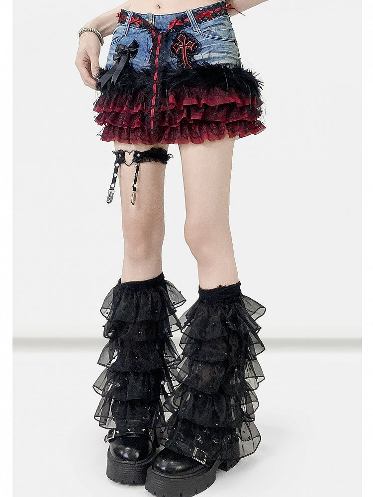 Lace Skirt Tiered Y2K Patches Contrast Blue