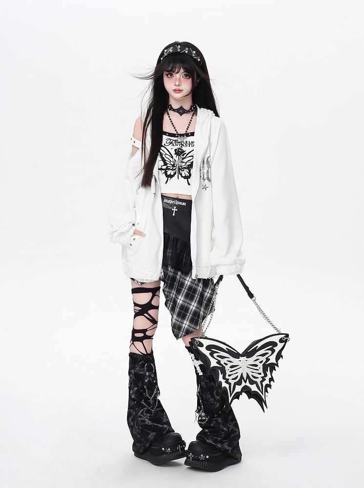Zip-up Hooded Jacket with Distressed Holes and Cutout Shoulder White/Black