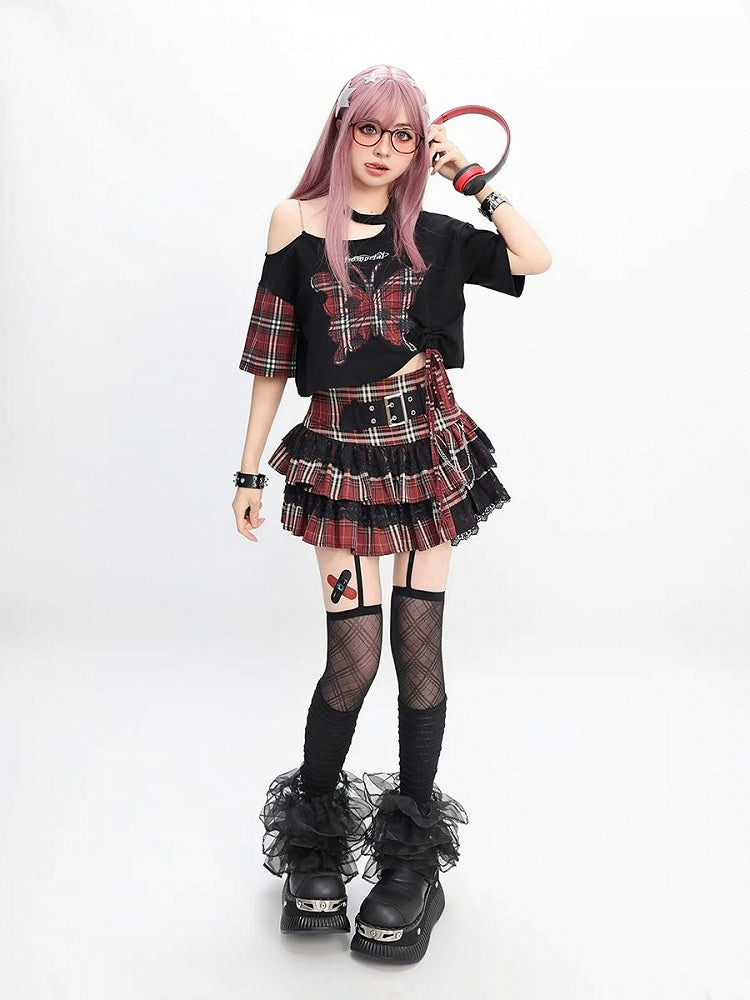 Tiered Skirt Lined Strap Trim Y2K Red Plaid Buckle Lace
