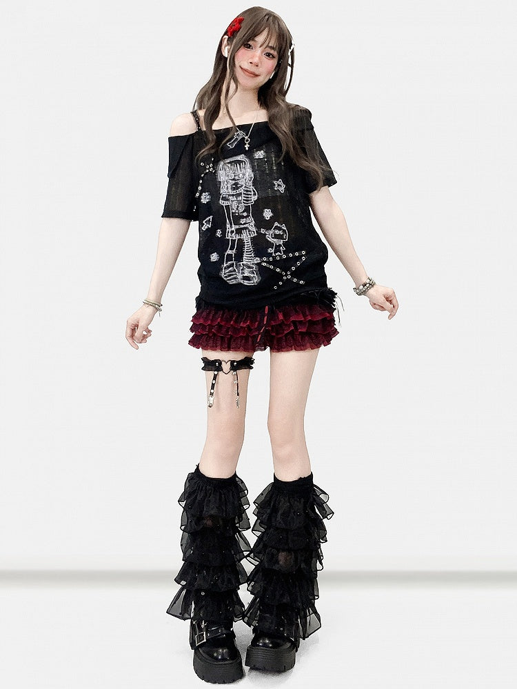 Mädchen Nieten T-Shirt Off-the-Shoulder Schwarz Details Print Cartoon Ausschnitt
