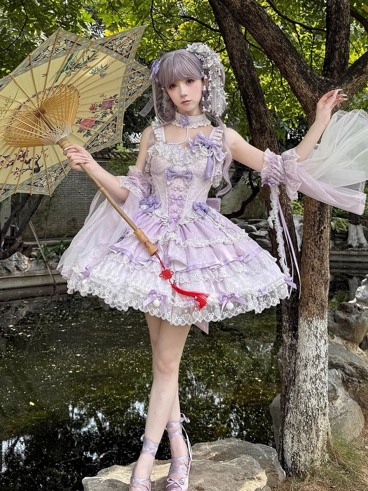 and Chains Dress Flower Lolita Waist Qi Corset Bow Bead Purple Accents