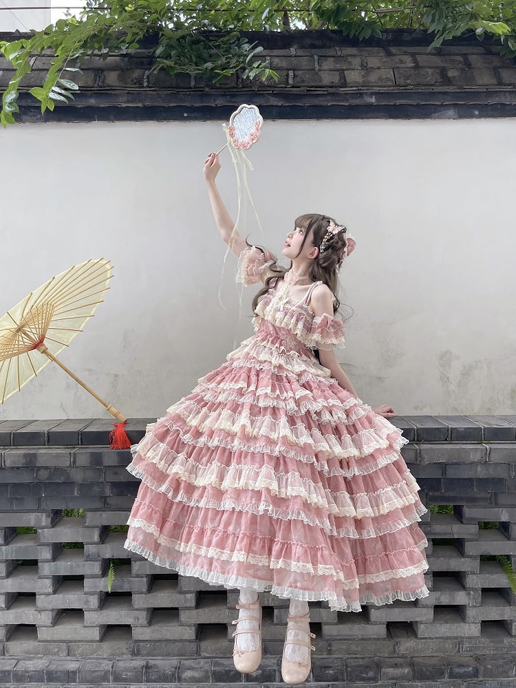 Sweet Dress Pink Adjustable Multi-Layered Ruffle with Lolita and Straps Goldfish Embroidery