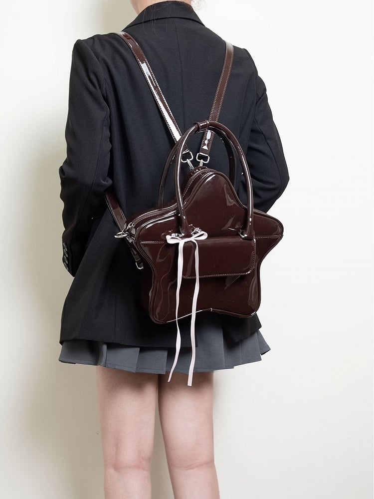 3-Way With Ribbon Bow Kawaii Glossy Black Star-Shaped Handbag