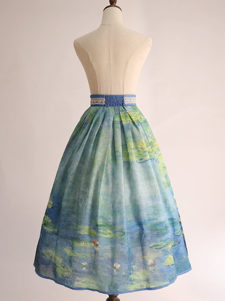 Lily Oil Painting Print Blue Green High Long/Short and Water Waist Skirt Version