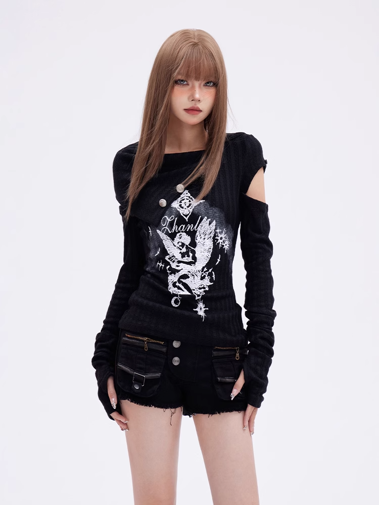 Print Glamorous Knitted Gothic Black Angel Top with Detachable Sleeves