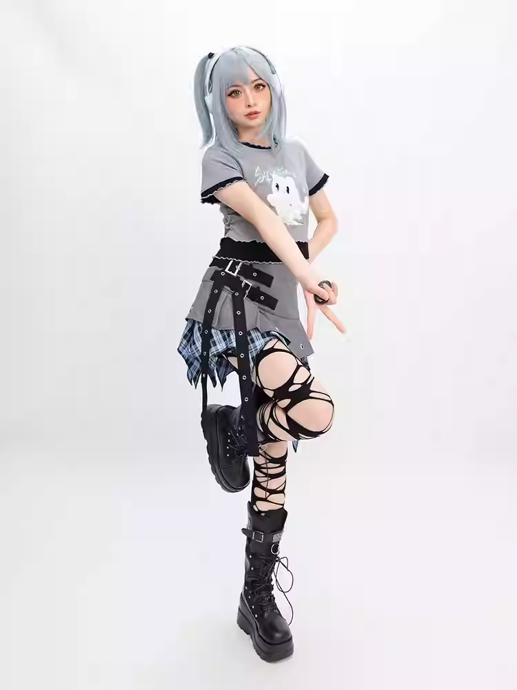 Two-pieces Y2K Faux Ghost Embroidery Lettuce Hem T-Shirt Gray Plush