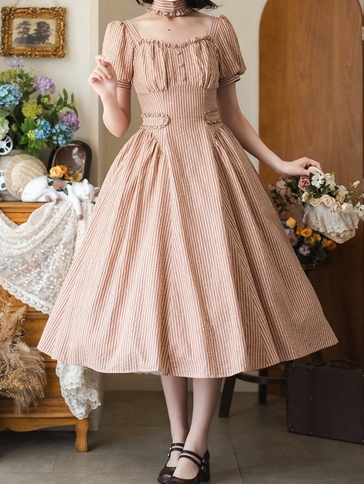 Fabric Puff Square Sleeves Orange Vintage Retro Striped Neckline Dress Fashion