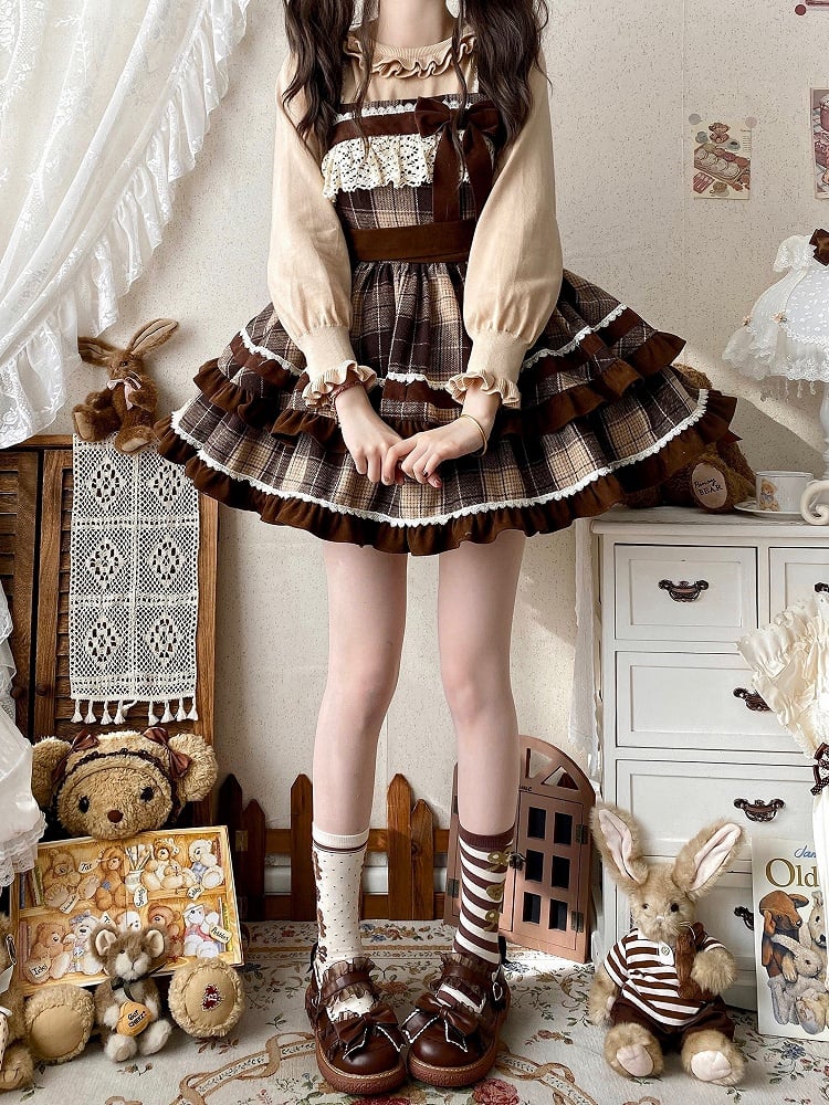 High Pattern Plaid Brown Lolita Waist Winter Dress Skirt and Jumper Autumn