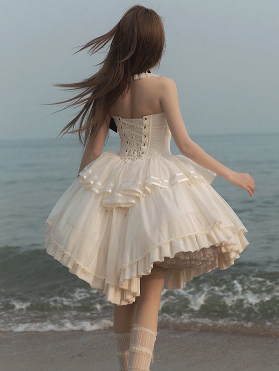 Lolita Halter Creamy Detail Embroidery Classic Delicate Backless Neck Dress