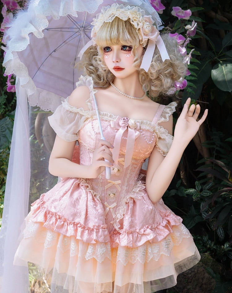 with JSK Big Bow Fabric Hime Lolita Balletcore Pink Boned Basque Waist Jacquard Train Puffy Dress