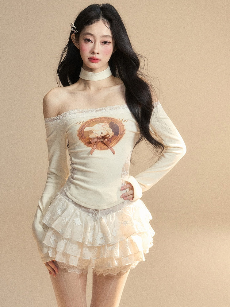 Lamb Print Waist Glamorous Top Patches Apricot Off-the-shoulder Lace Neckline