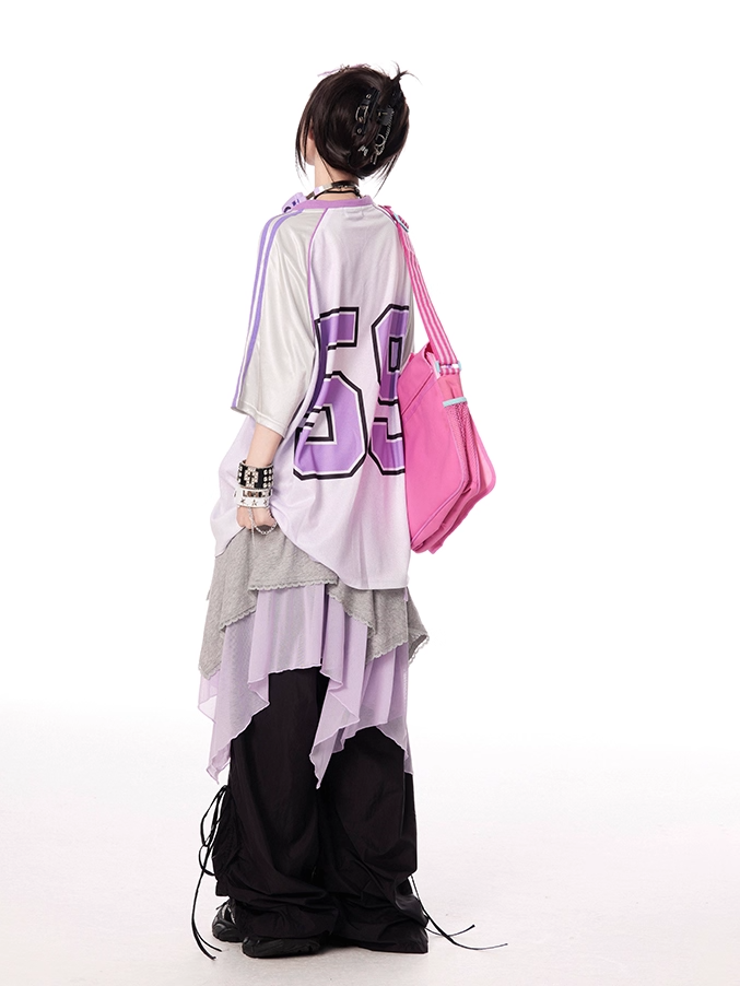 Cartoon Girl Print Black/Blue/Purple T-shirt Vintage V-neck Loose