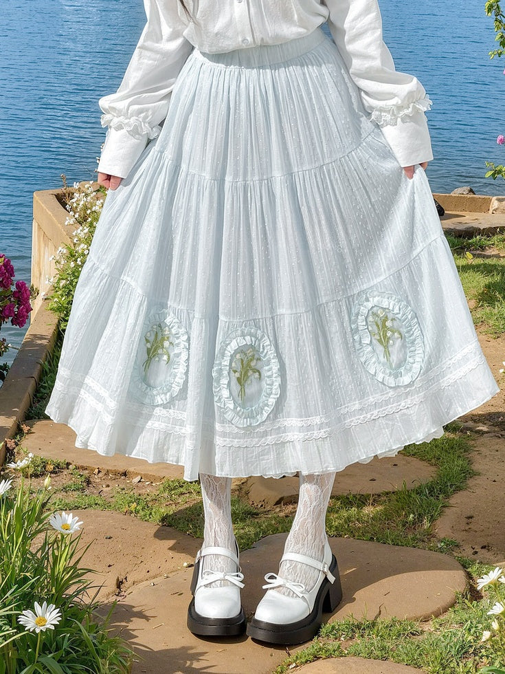 Skirt Light Blue Lily-of-the-Valley Embroidered Lace Trim Cutton