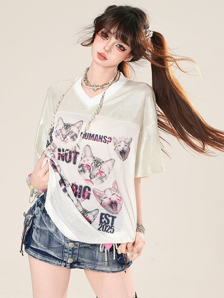 V-neck Cat Daily Kawaii Print T-shirt And Letter White