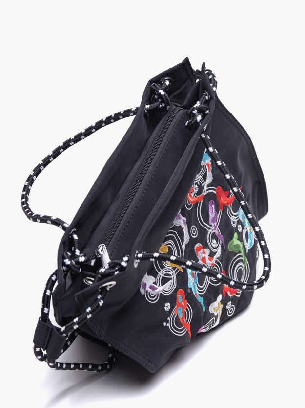 Trendy Koi Black Tote Bag With Zipper Closure And Drawstring Strap Lucky Embroidery